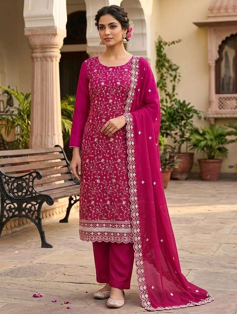 women solid with work unstitched suit set