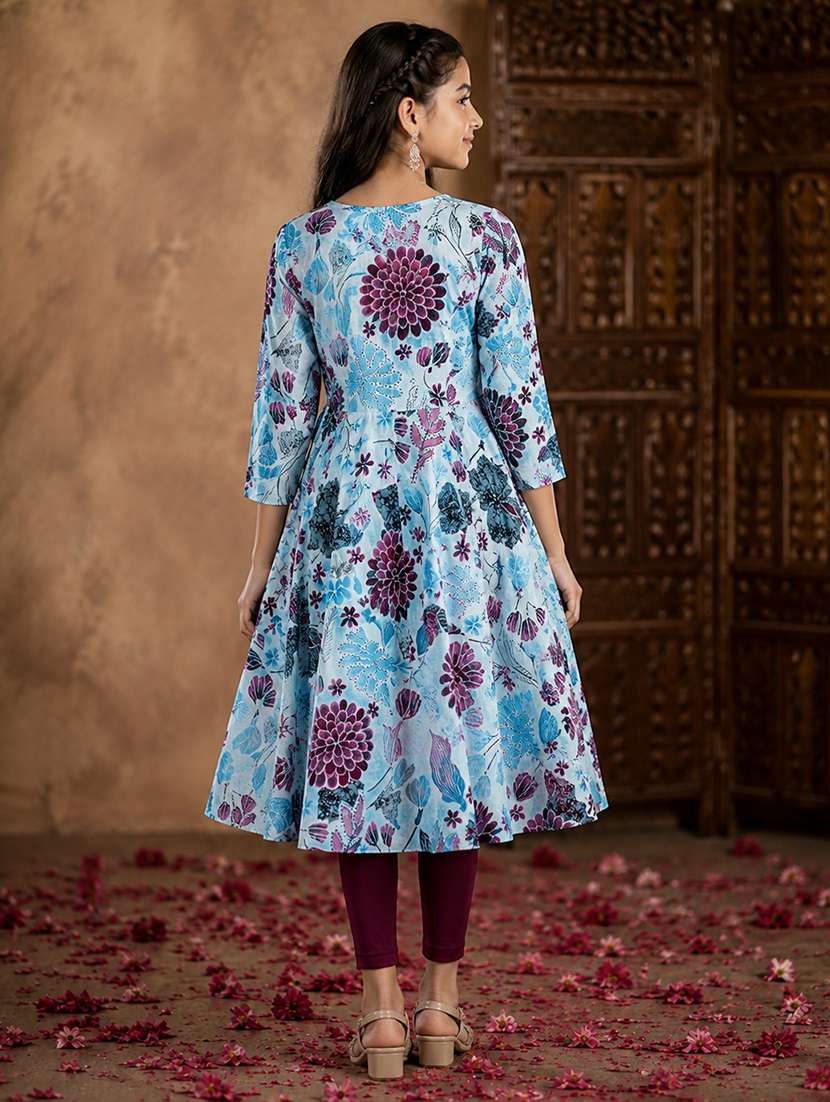 Girls Printed Three Quarter Sleeves Kurta Leggings Set - 22701960 -  Standard Image - 4