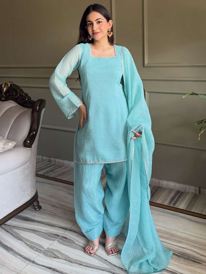 women self design long sleeves kurta farshi salwar set with dupatta