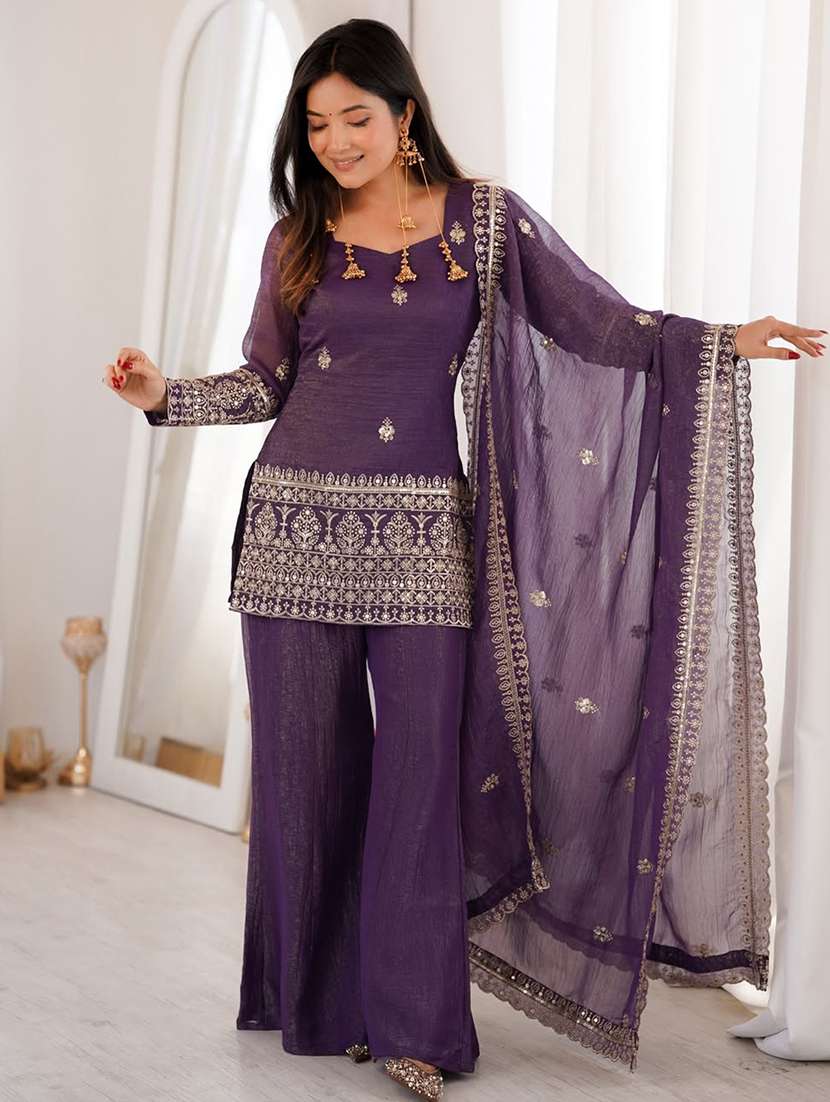 women embroidered long sleeves kurta sharara set with dupatta