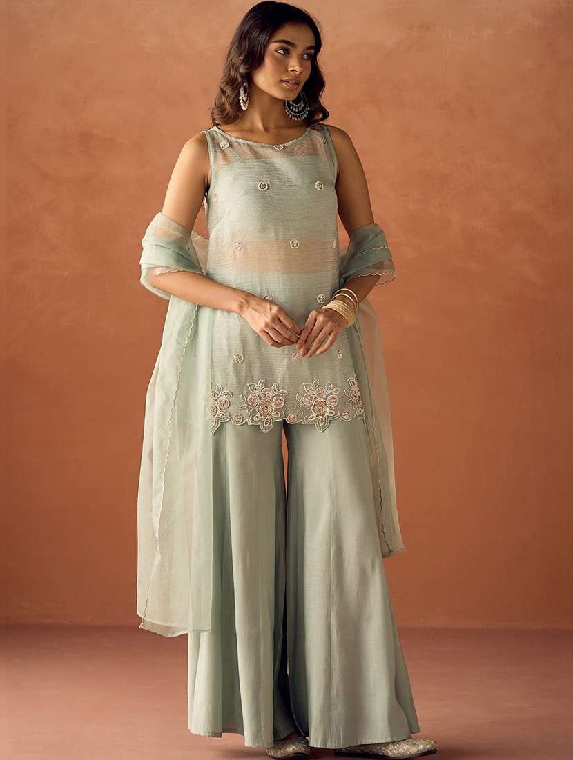 women embroidered sleeveless kurta sharara set with dupatta