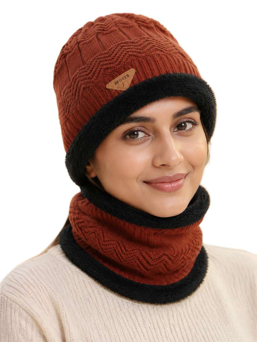 Women Knitted Winter Beanie Cap And A Matching Neck Warmer - 22702593 -  Standard Image - 1