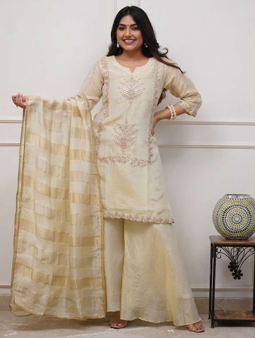 women embroidered three quarter sleeves kurta sharara set with dupatta