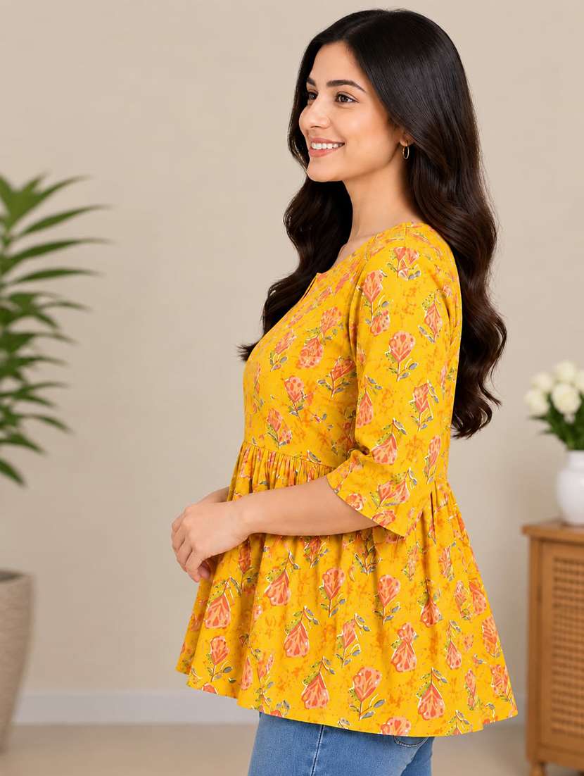 Women Printed Three Quarter Sleeves Flared Kurti - 22704448 -  Standard Image - 1