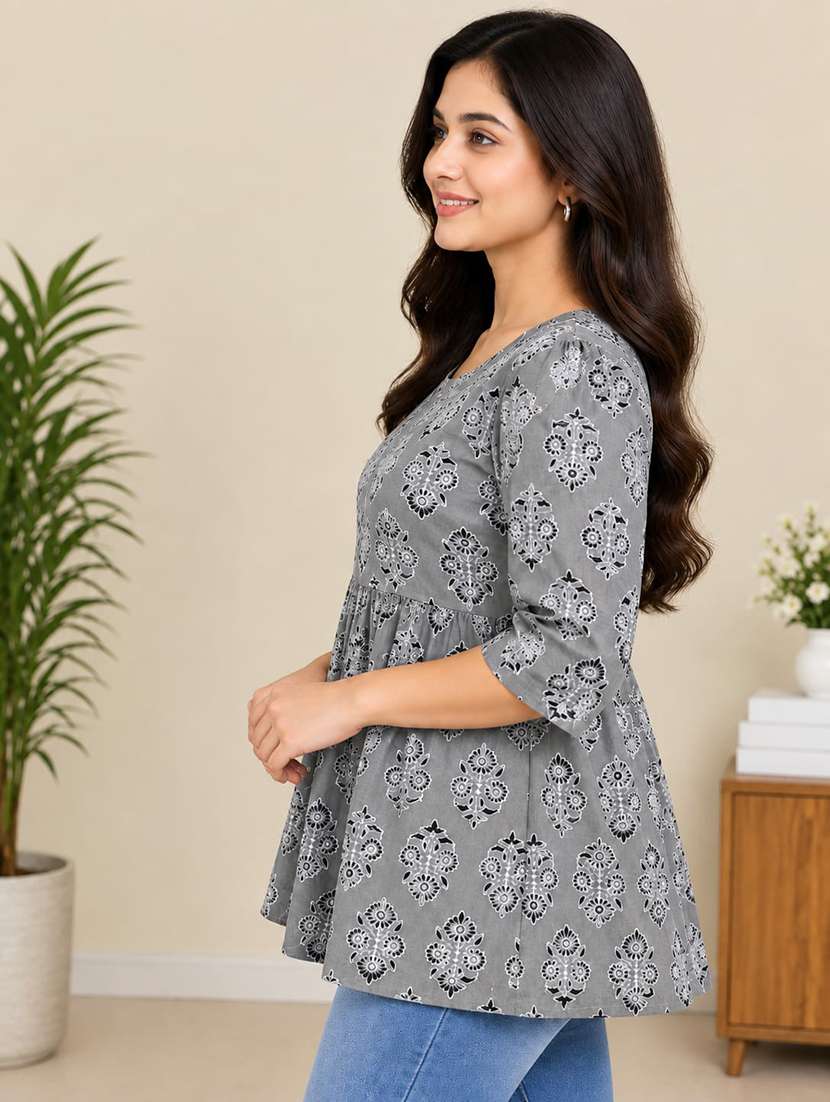 Women Printed Three Quarter Sleeves Flared Kurti - 22704449 -  Standard Image - 1