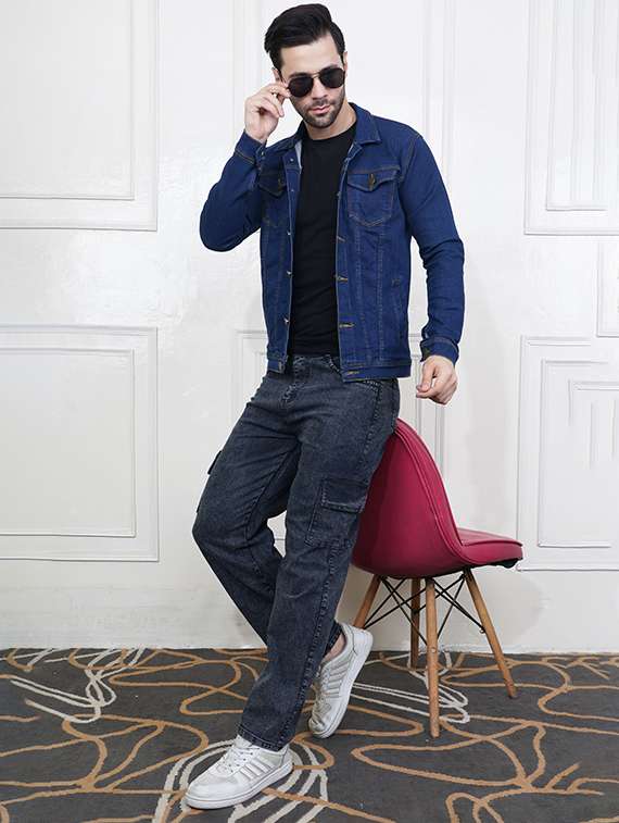 men solid long sleeve denim casual jacket