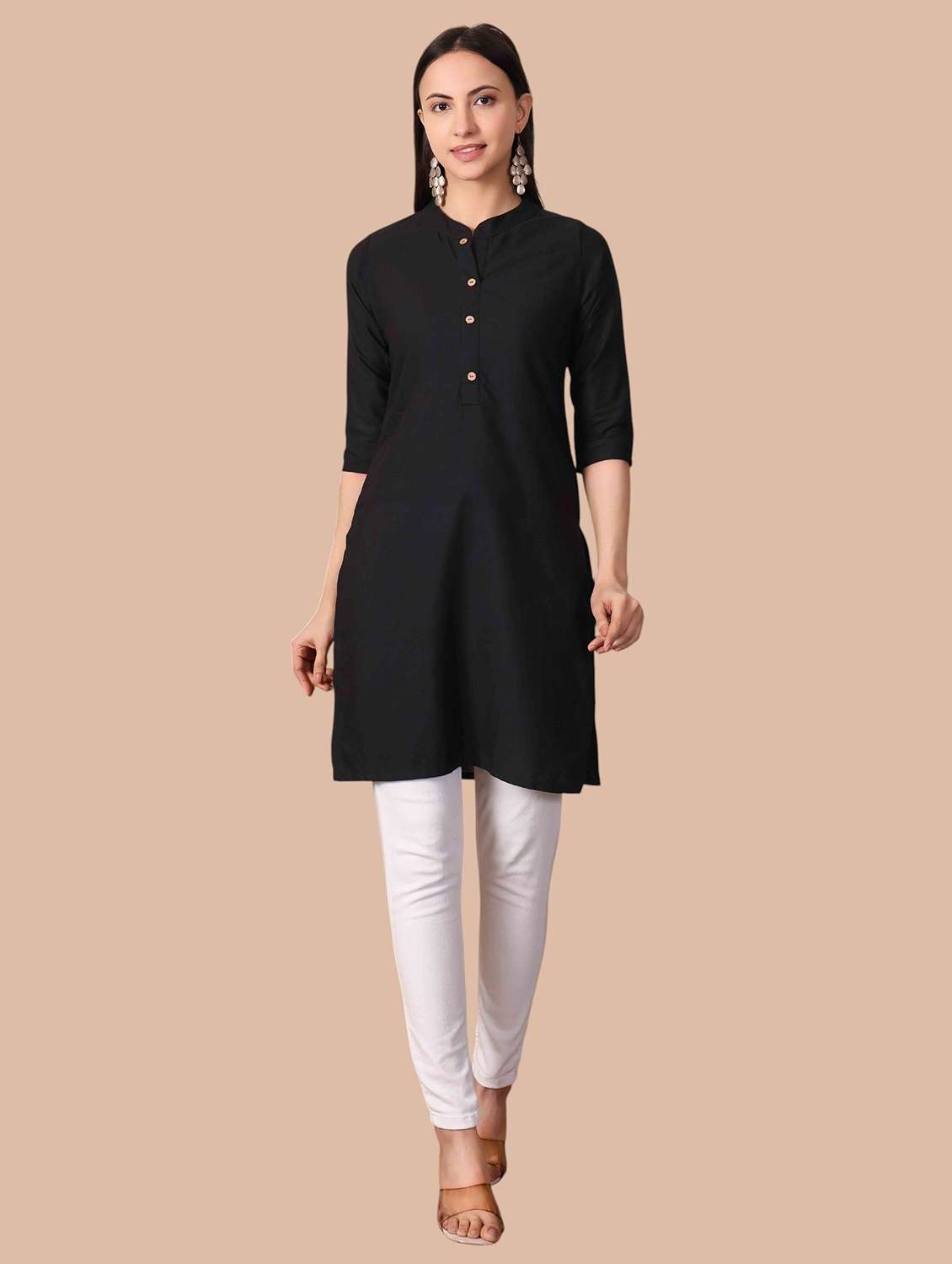 Women Solid Three Quarter Sleeves Straight Kurti - 22704484 -  Standard Image - 6