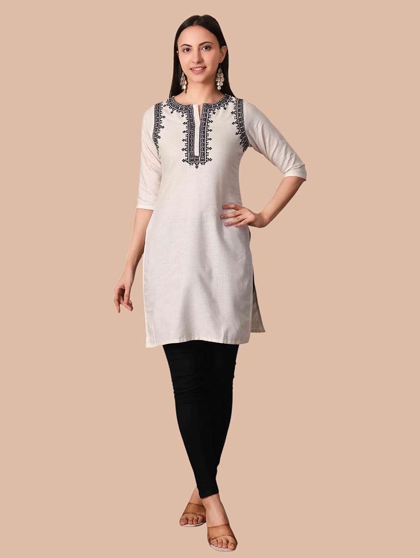 Women Embroidered Three Quarter Sleeves Straight Kurti - 22704485 -  Standard Image - 6