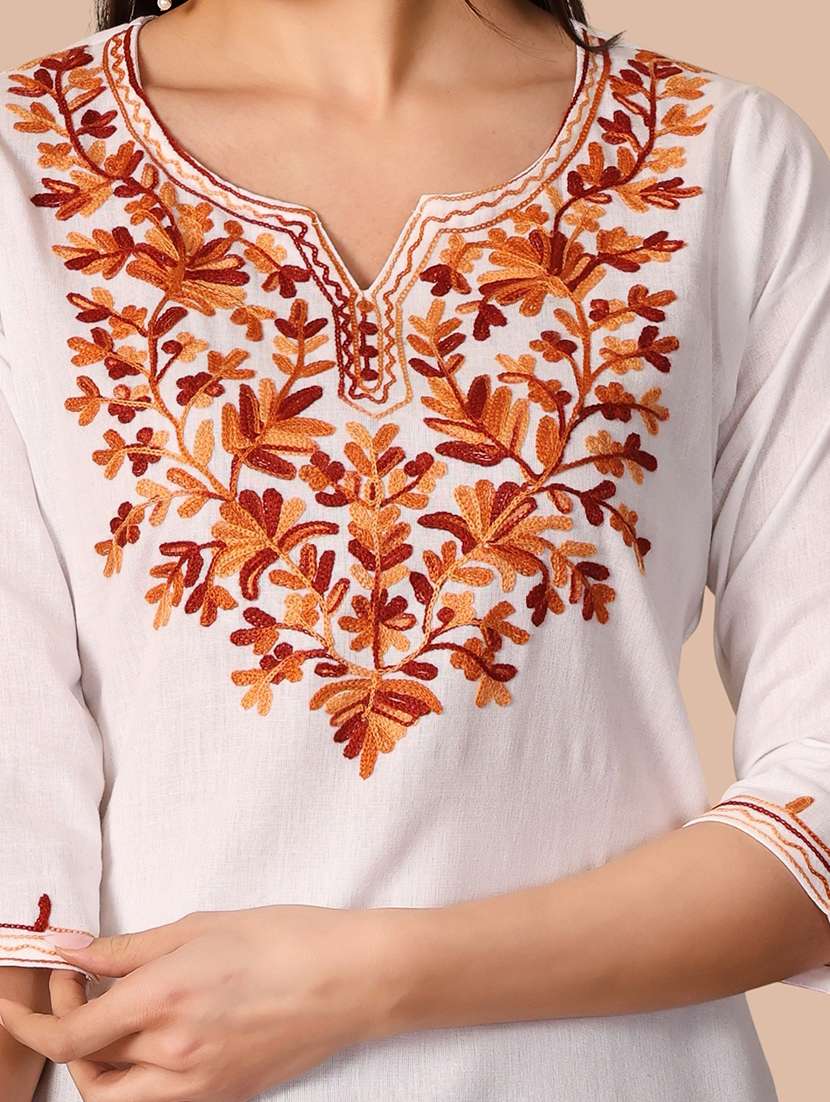 Women Embroidered Three Quarter Sleeves Straight Kurti - 22704574 -  Standard Image - 1