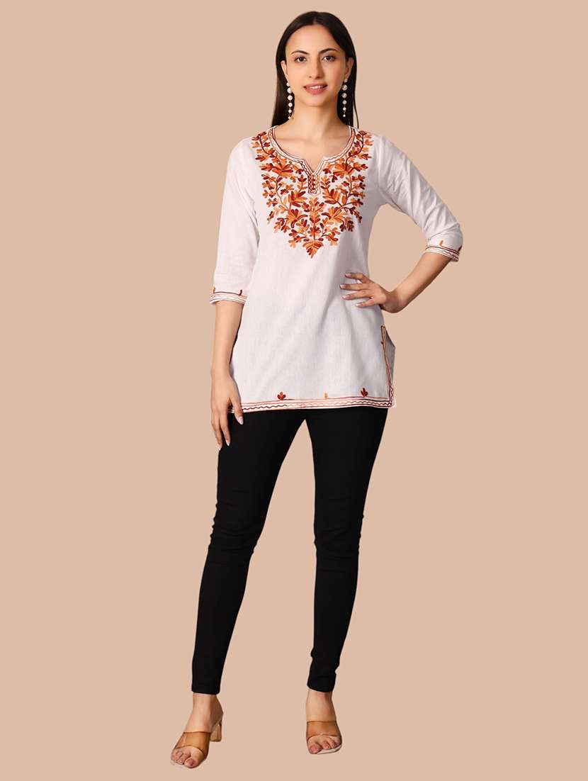 Women Embroidered Three Quarter Sleeves Straight Kurti - 22704574 -  Standard Image - 6