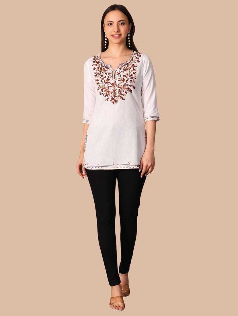 Women Embroidered Three Quarter Sleeves Straight Kurti - 22704588 -  Standard Image - 6