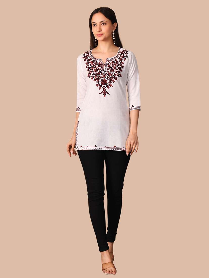 Women Embroidered Three Quarter Sleeves Straight Kurti - 22704591 -  Standard Image - 6