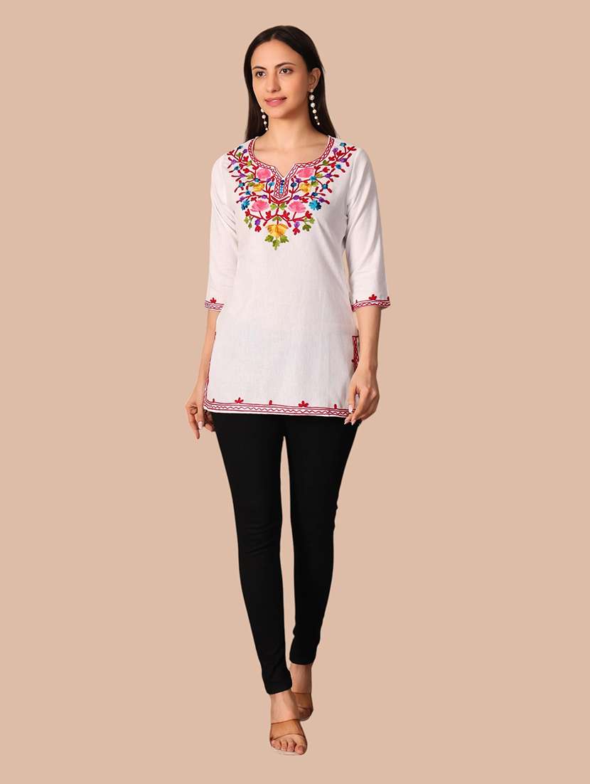 Women Embroidered Three Quarter Sleeves Straight Kurti - 22704596 -  Standard Image - 6