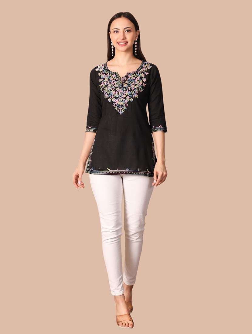 Women Embroidered Three Quarter Sleeves Straight Kurti - 22704602 -  Standard Image - 6