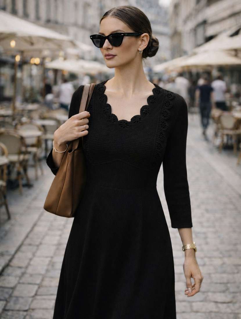 Women Self Design Three Quarter Sleeves A-line Dress - 22704932 -  Standard Image - 1