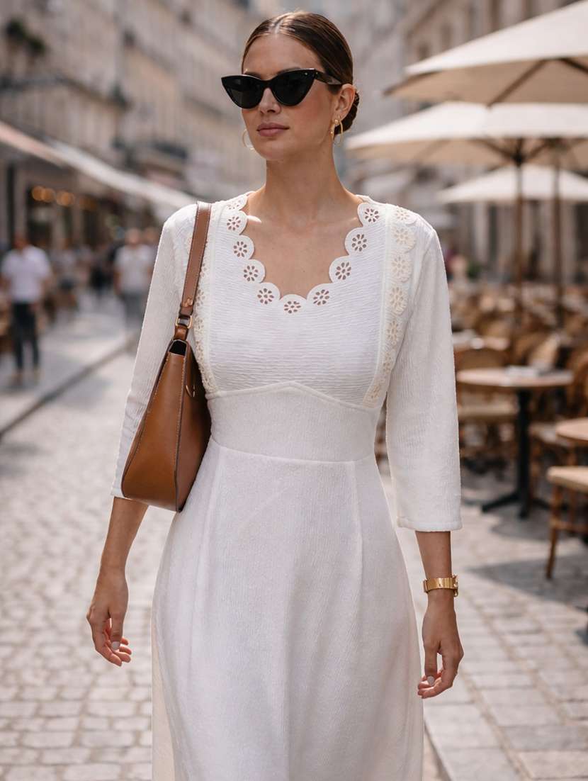 Women Self Design Three Quarter Sleeves A-line Dress - 22704933 -  Standard Image - 4