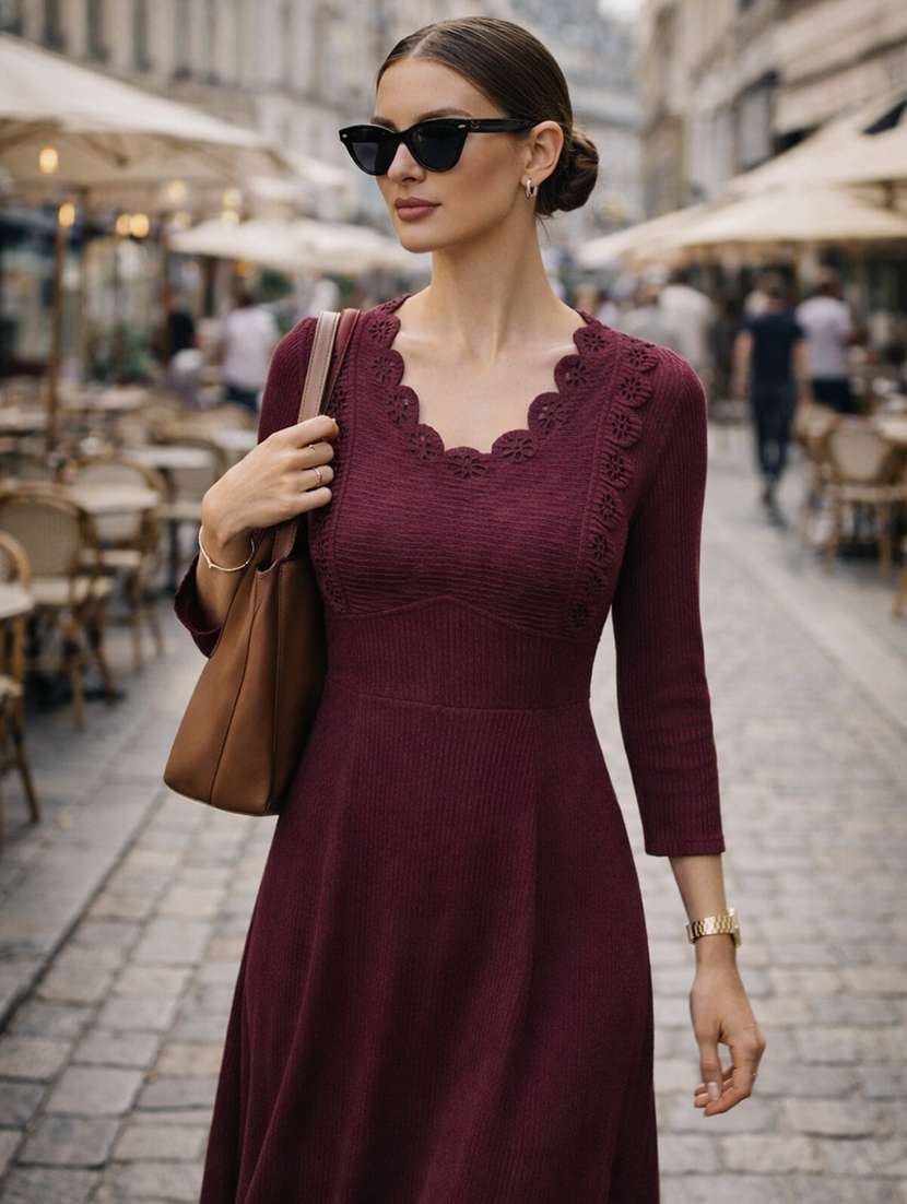 Women Self Design Three Quarter Sleeves A-line Dress - 22704934 -  Standard Image - 4