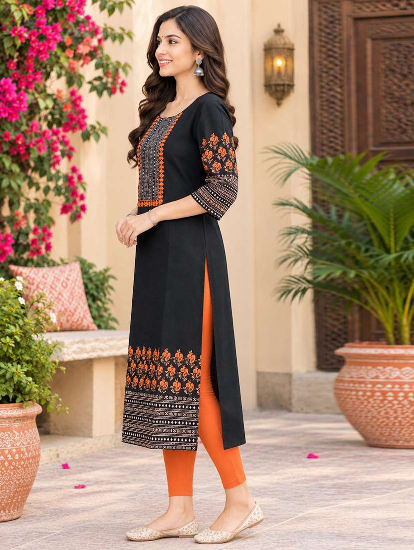 Black Cotton Straight Kurta - 22705542 -  Standard Image - 1