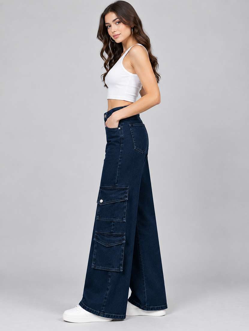 Women Solid High Rise Relaxed Fit Cargo - 22706044 -  Standard Image - 1