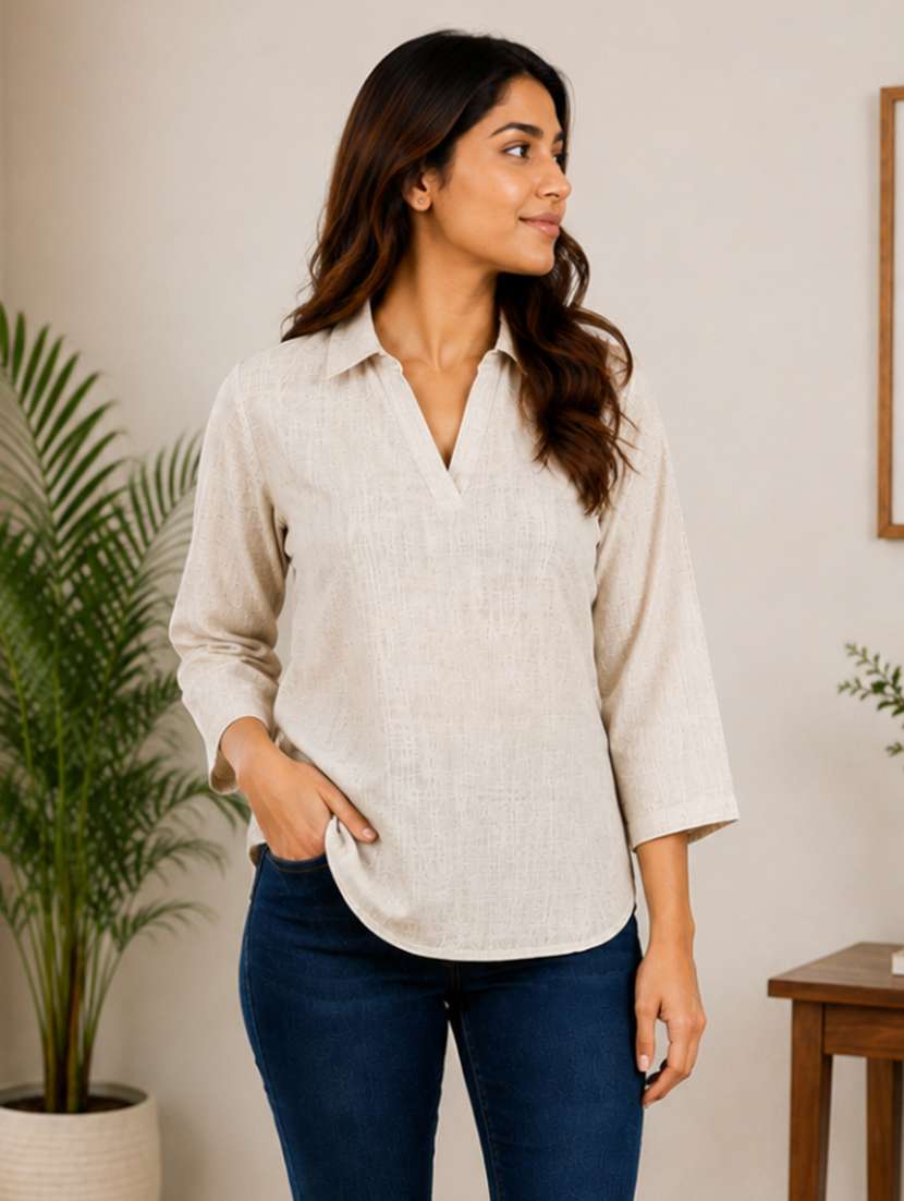 Women Self Design Three Quarter Sleeves Regular Top - 22707216 -  Standard Image - 1