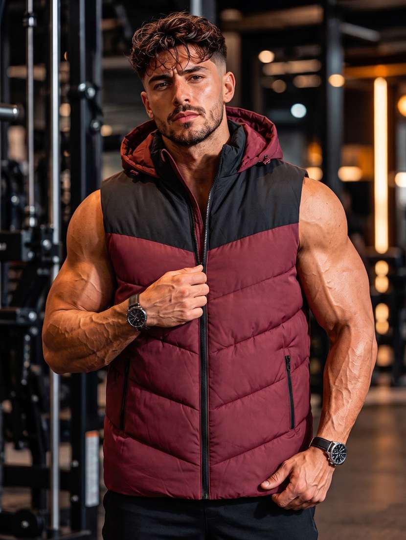 Men Colourblocked Sleeveless Hooded Puffer Jacket - 22707223 -  Standard Image - 1