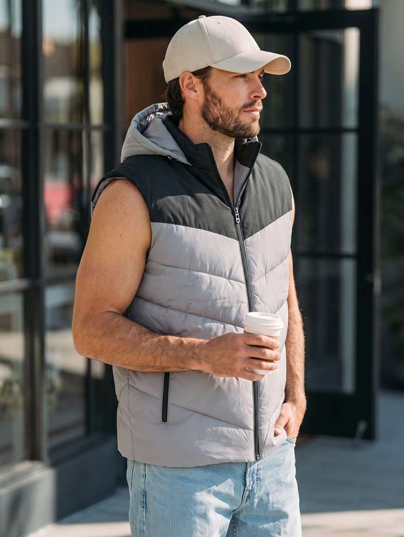 Men Colourblocked Sleeveless Hooded Puffer Jacket - 22707224 -  Standard Image - 1