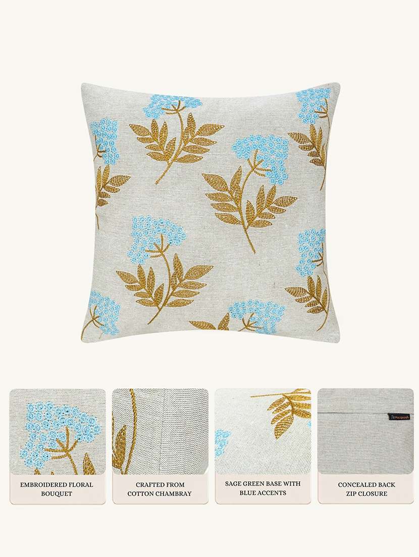 Mezposh Ice Blue Floral Embroidered Cotton Cushion Cover (16"x16") - 22707229 -  Standard Image - 4