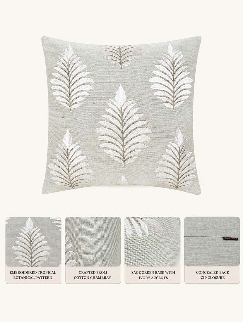 Mezposh Green Botanical Embroidered Cotton Cushion Cover (16"x16") - 22707230 -  Standard Image - 4