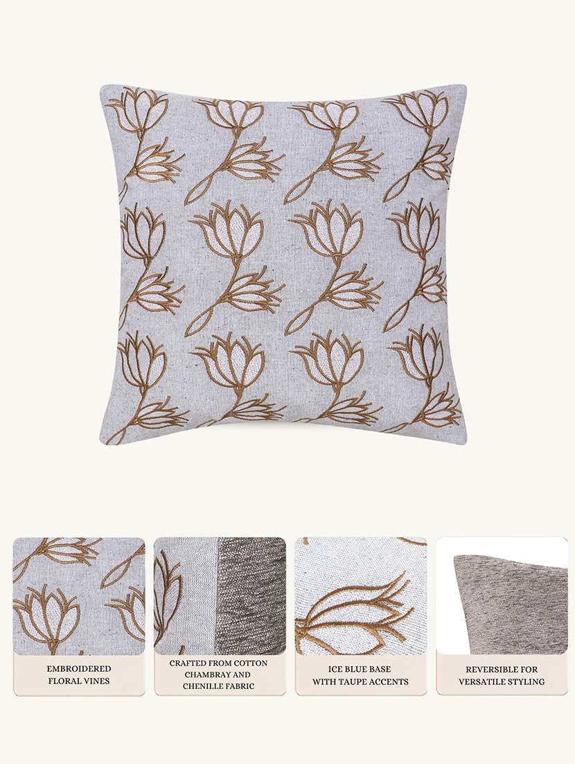 Mezposh Ice Blue Floral Embroidered Cotton Cushion Cover (16"x16") - 22707231 -  Standard Image - 4