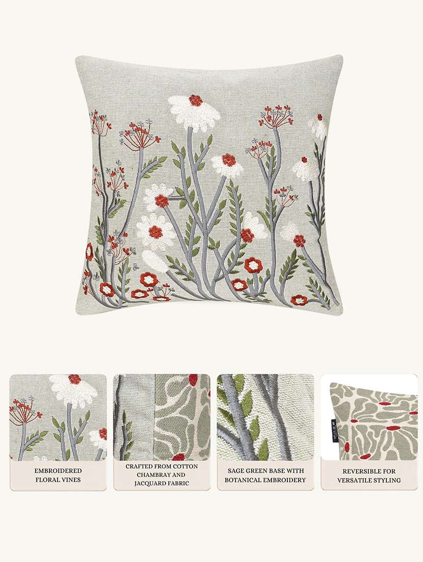 Mezposh Sage Green Floral Embroidered Cotton Cushion Cover (16"x16") - 22707232 -  Standard Image - 4