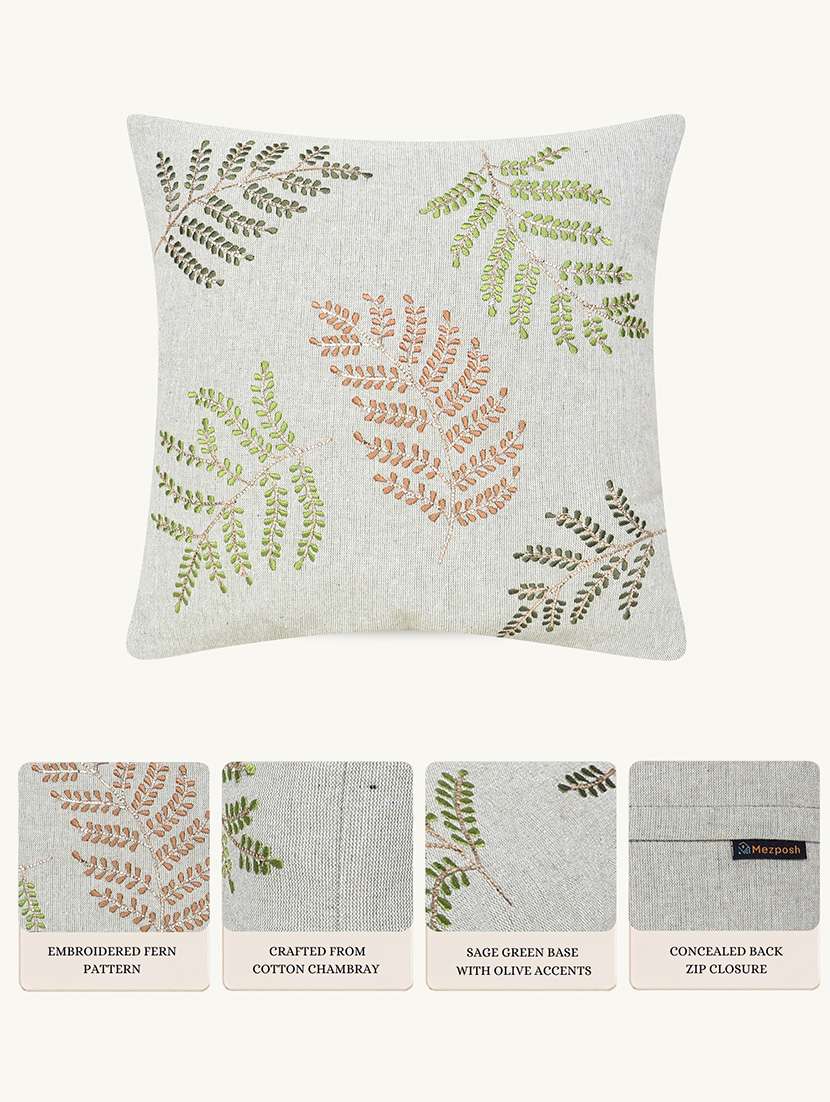 Mezposh Sage Green Botanical Embroidered Cotton Cushion Cover (16"x16") - 22707234 -  Standard Image - 4