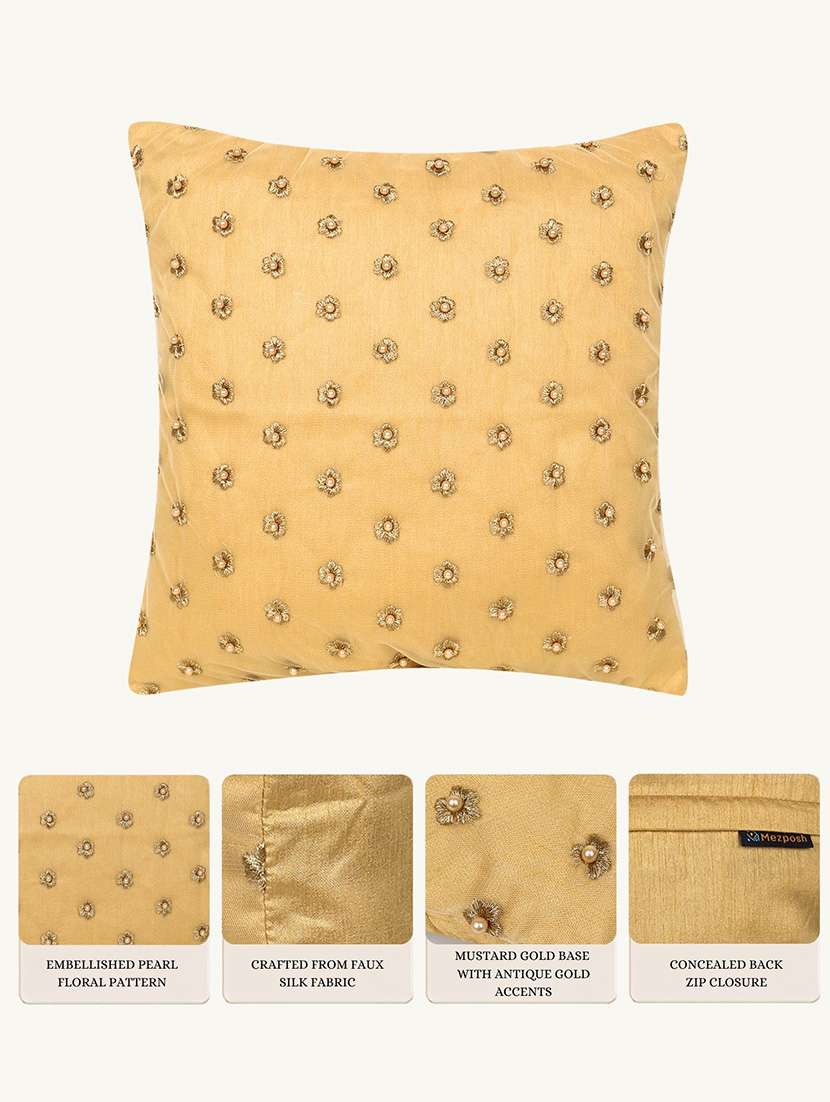 Mezposh Gold Floral Embroidered Faux Silk Cushion Cover (16"x16") - 22707235 -  Standard Image - 4