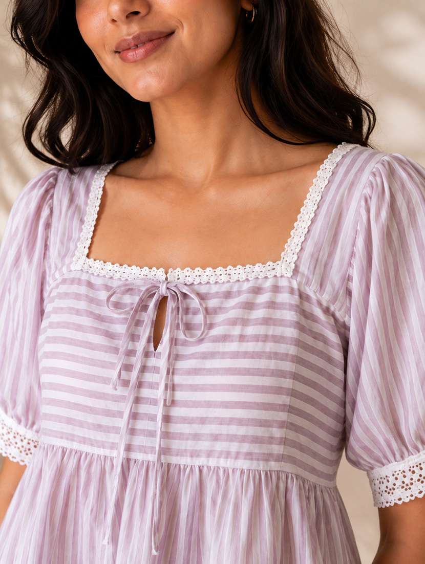 Women Striped Short Sleeves Peplum Top - 22707295 -  Standard Image - 1