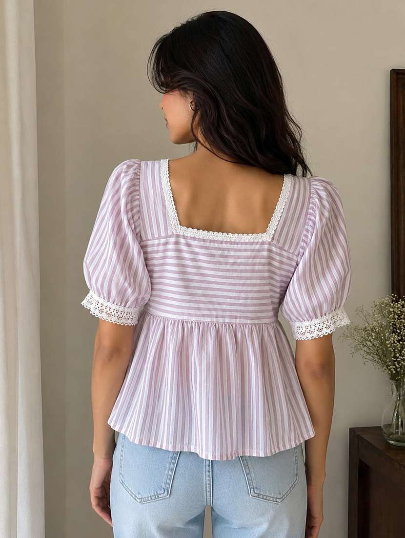 Women Striped Short Sleeves Peplum Top - 22707295 -  Standard Image - 4