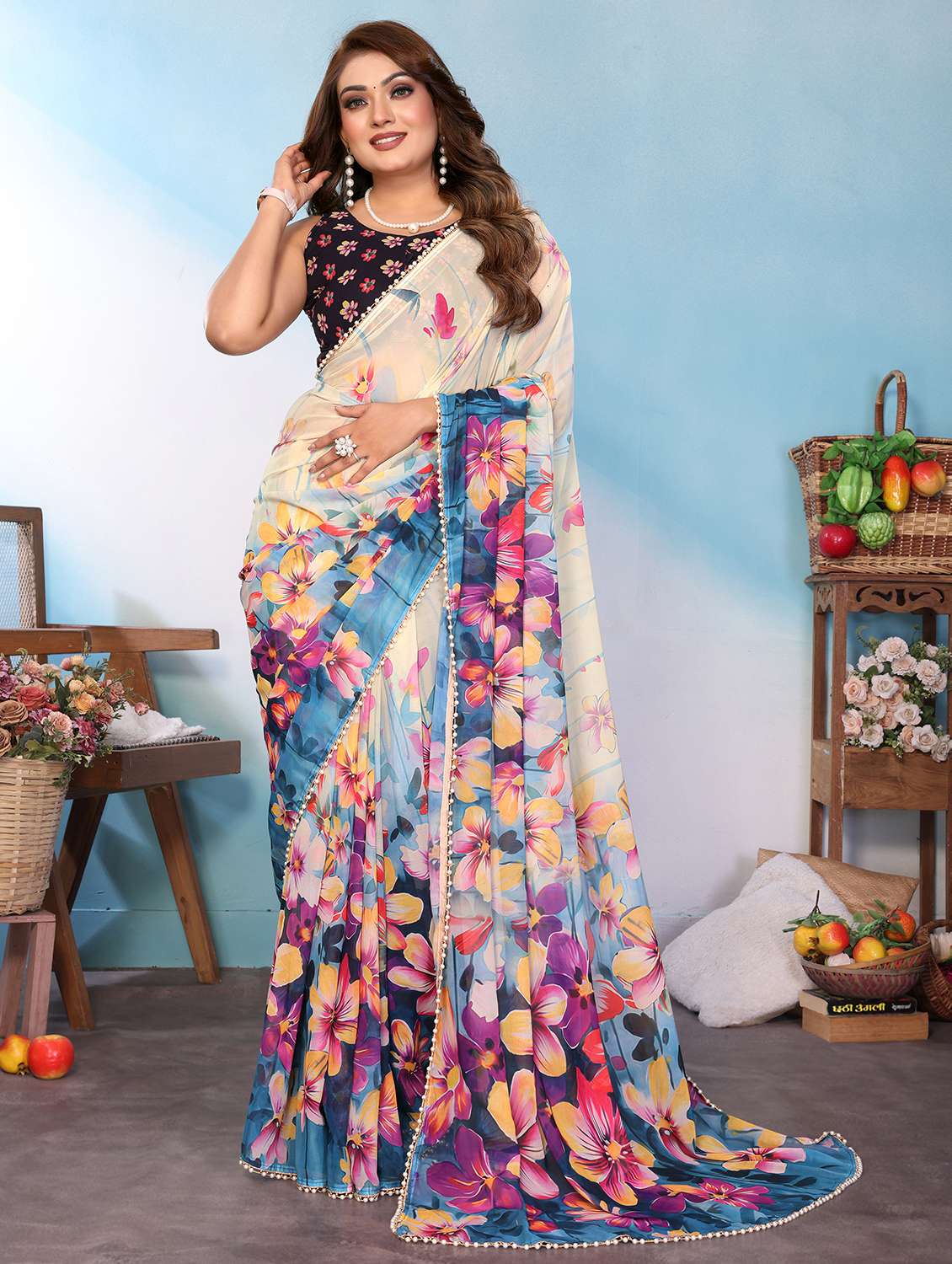 women printed casual wear saree with blouse