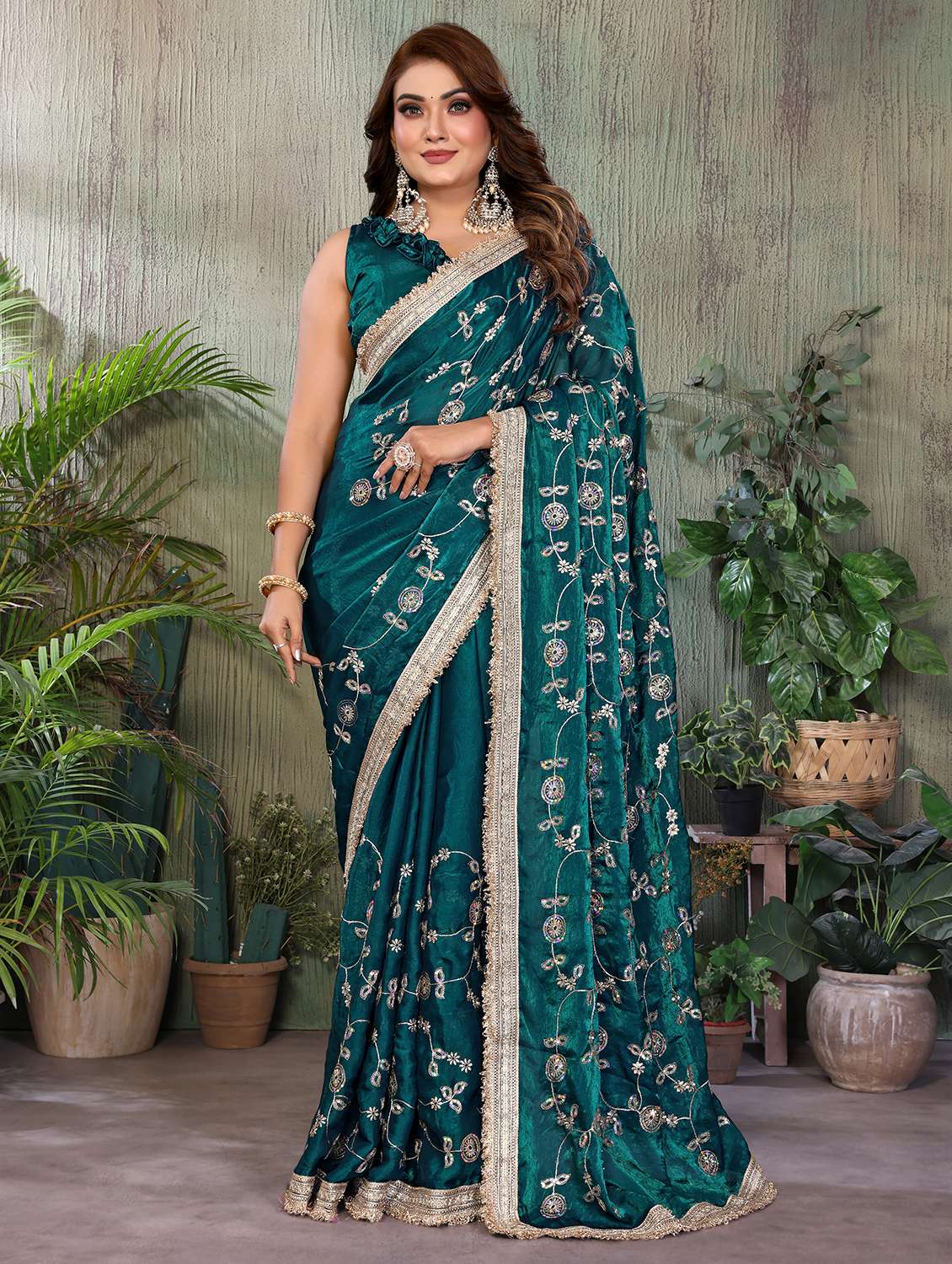 women solid with work embroidered saree with blouse