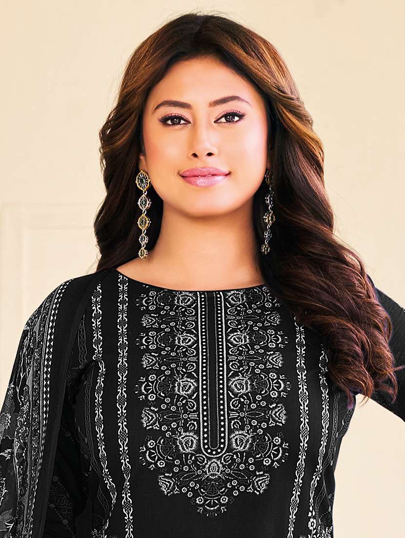 Black Cotton Unstitched Suit - 22714158 -  Standard Image - 1