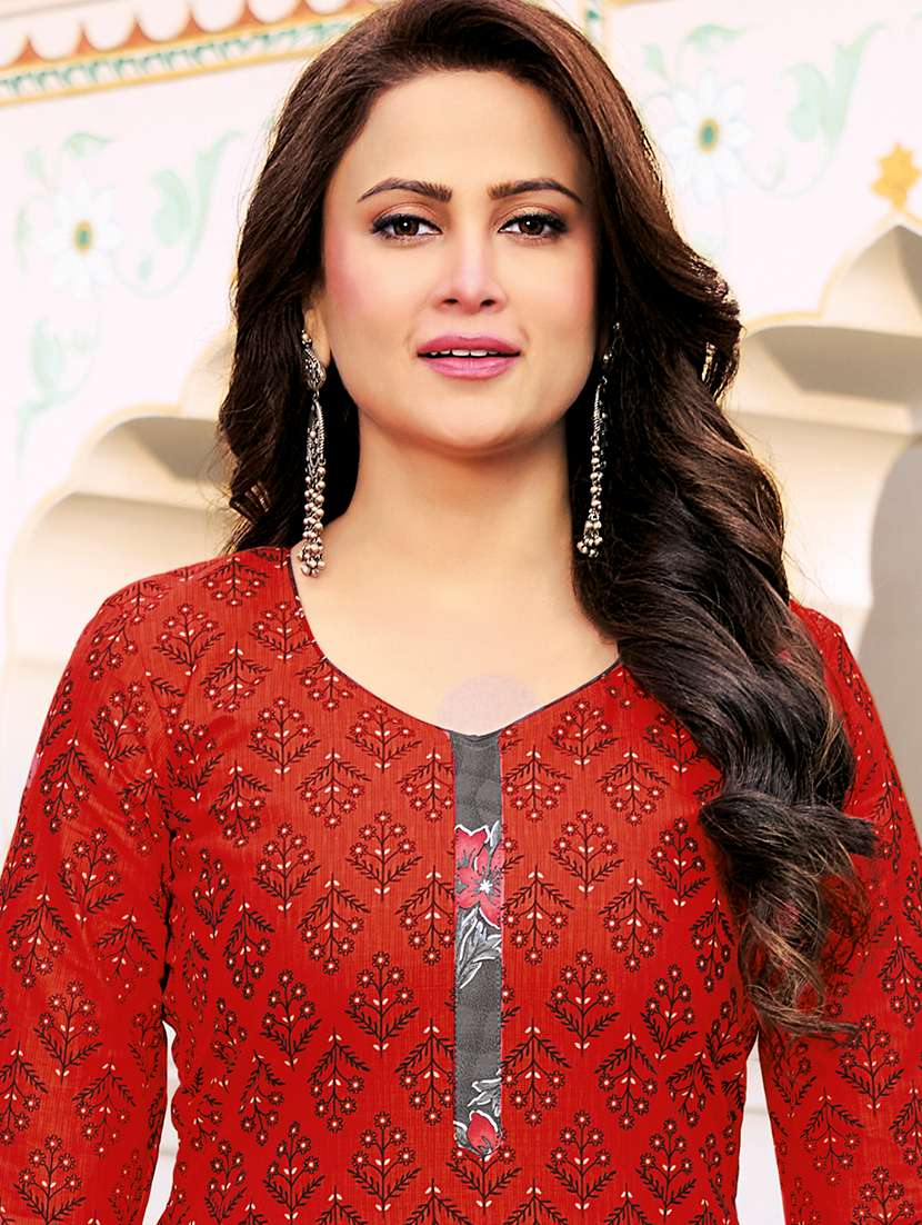 Red Cotton Unstitched Suit - 22714162 -  Standard Image - 1