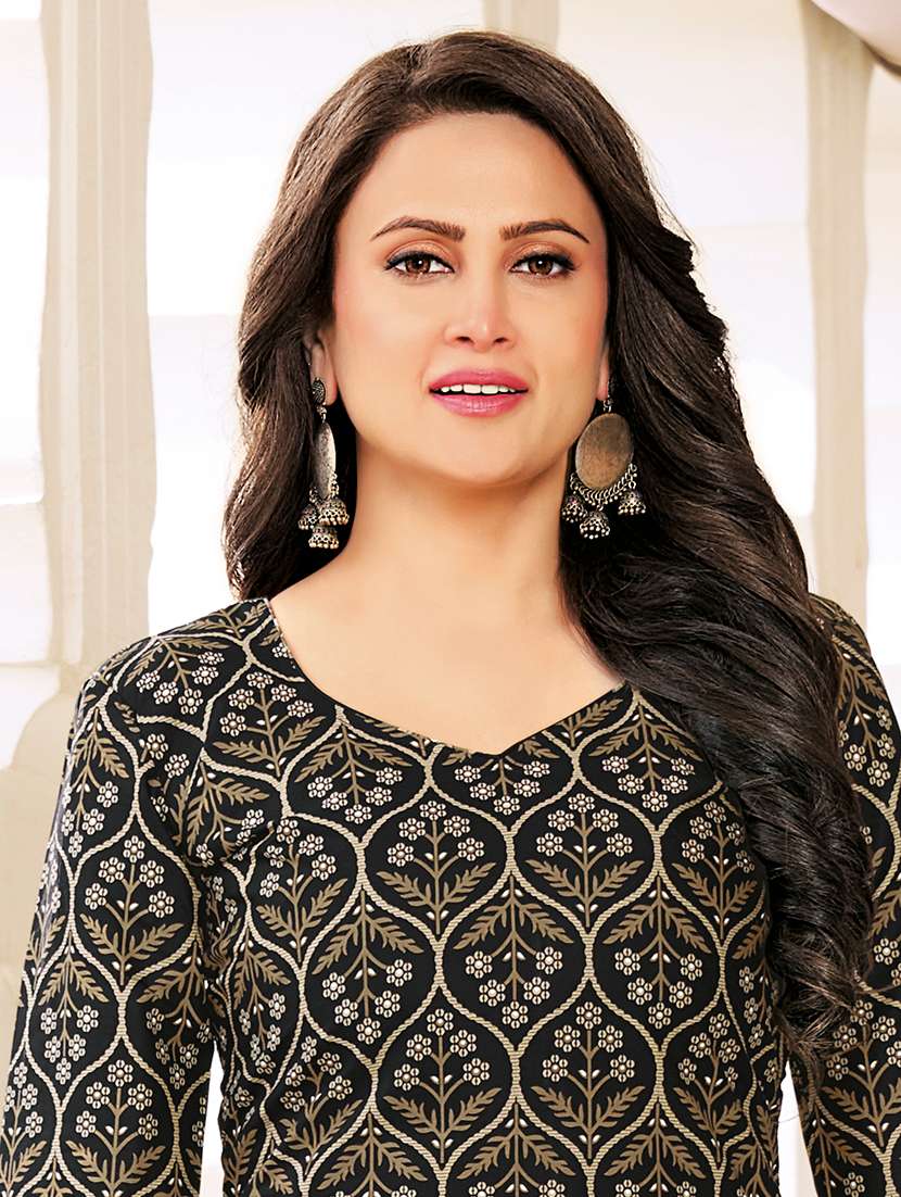 Black Cotton Unstitched Suit - 22714184 -  Standard Image - 1