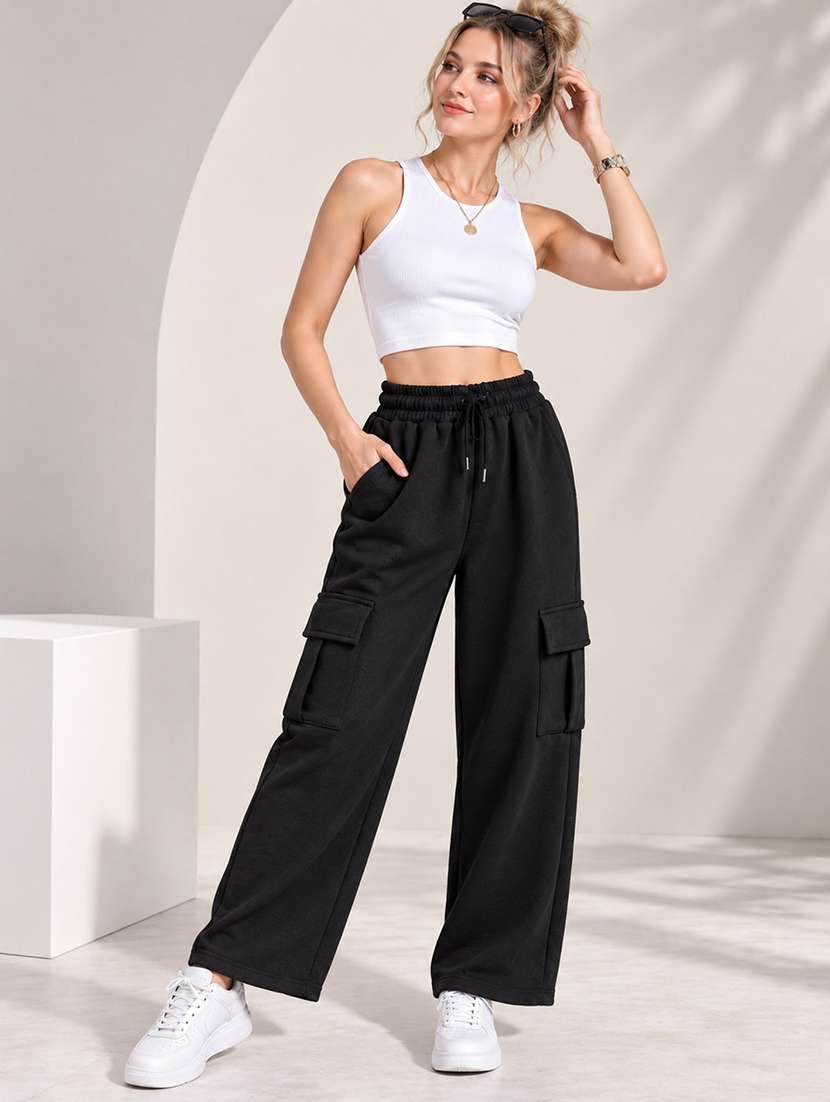 Women Solid High Rise Relaxed Fit Cargo - 22718730 -  Standard Image - 1
