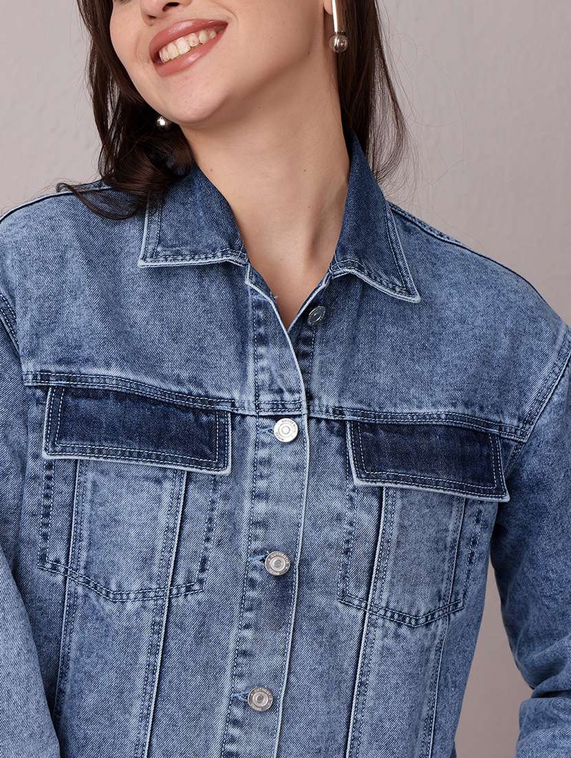 Women Solid Long Sleeves Denim Jacket - 22719377 -  Standard Image - 1