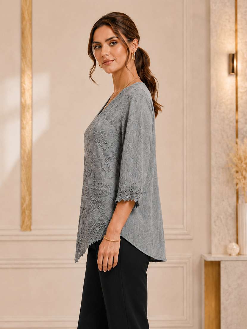Women Embroidered Three Quarter Sleeves Regular Top - 22719480 -  Standard Image - 1