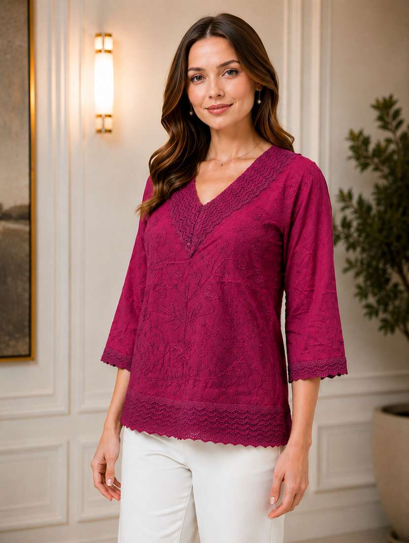 Women Embroidered Three Quarter Sleeves Regular Top - 22719481 -  Standard Image - 1