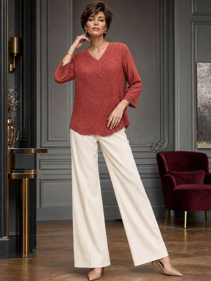 Women Embroidered Three Quarter Sleeves Regular Top - 22719484 -  Standard Image - 1
