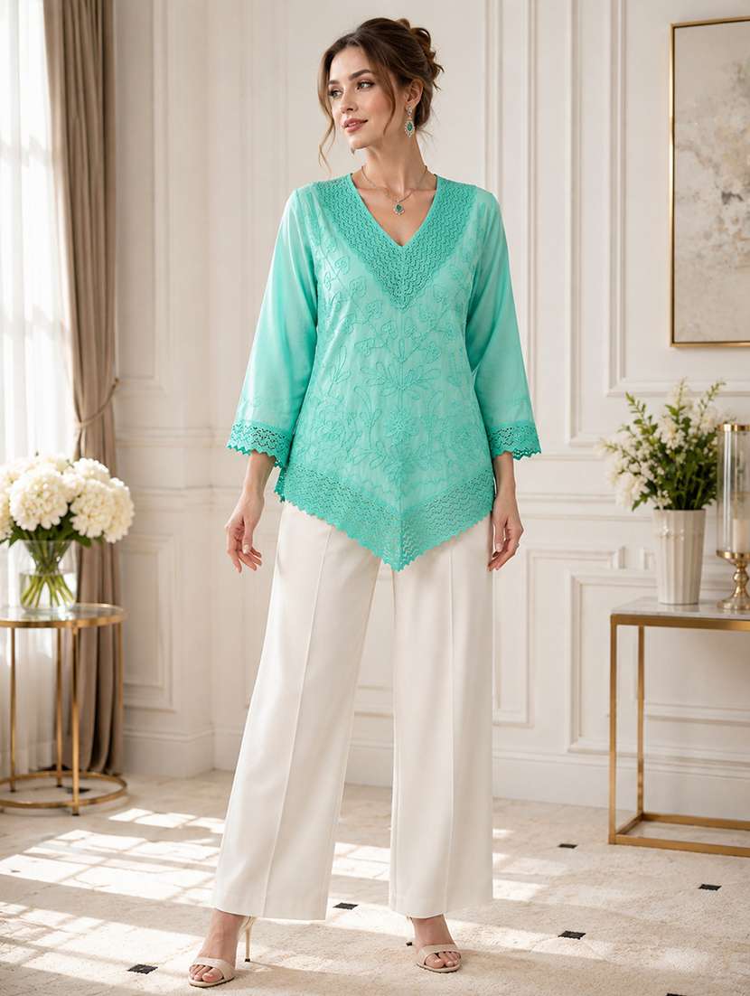 Women Embroidered Three Quarter Sleeves Straight Kurti - 22719486 -  Standard Image - 1