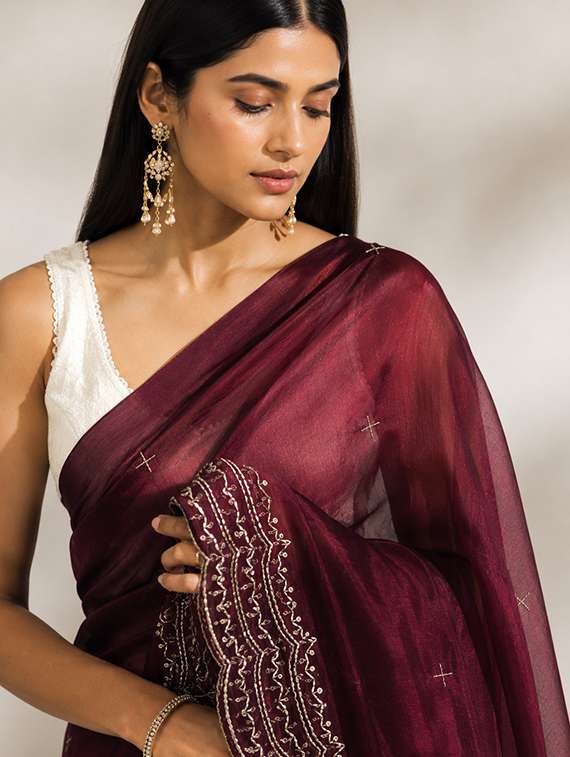 Women Solid With Work Bordered Saree With Blouse - 22719528 -  Standard Image - 1