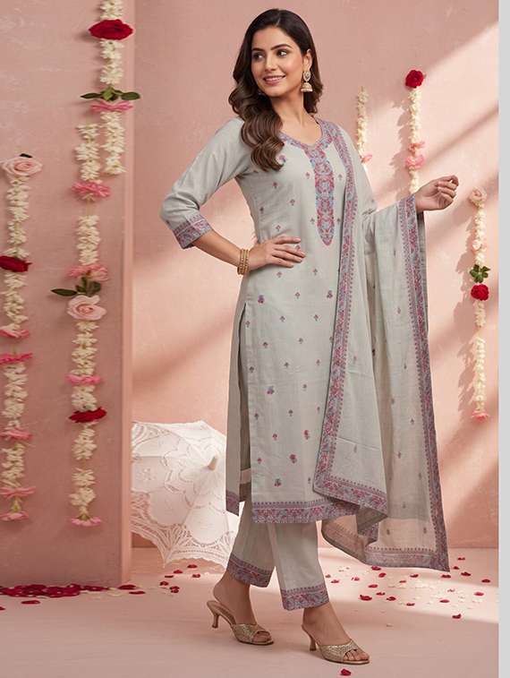 Women Self Design Three Quarter Sleeves Kurta Pant Set With Dupatta - 22719615 -  Standard Image - 1