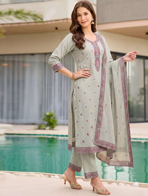 Women Self Design Three Quarter Sleeves Kurta Pant Set With Dupatta - 22719616 -  Standard Image - 1