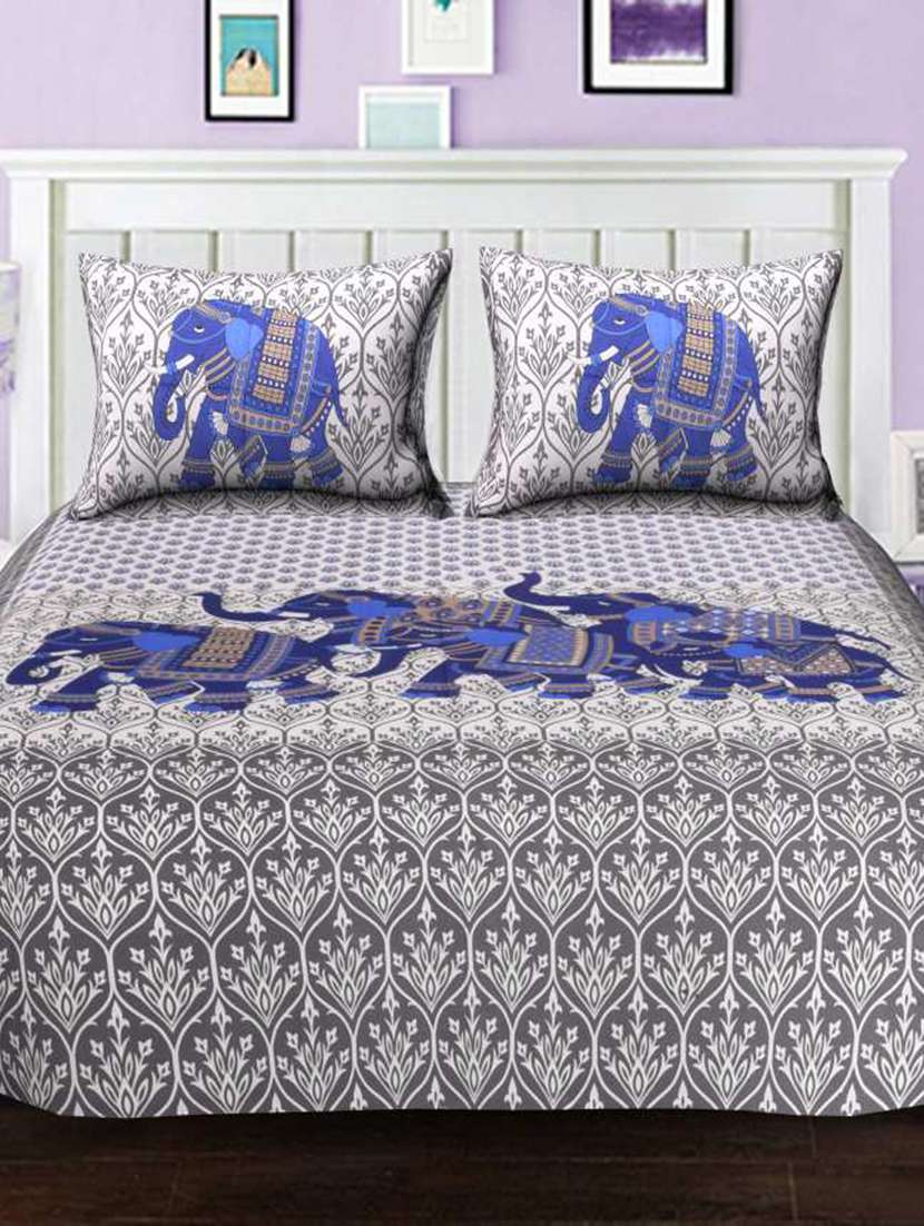 Cotton Printed Elephant Bedsheet Set With 2 Pillow Covers - 22719622 -  Standard Image - 1