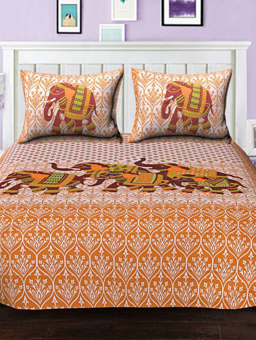 Cotton Printed Elephant Bedsheet With 2 Pillow Covers - 22719624 -  Standard Image - 1